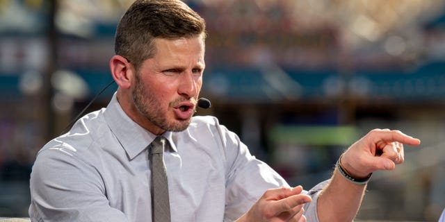 ESPN host Dan Orlovsky makes a point during the ESPN Super Bowl preview show aired from Disney California Adventure on February 10, 2022 in Anaheim.