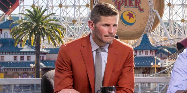 Dan Orlovsky looks on as ESPN broadcasts a Super Bowl preview show from Disney California Adventure in Anaheim Feb. 10, 2022.