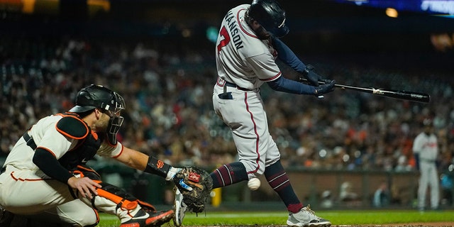 Atlanta Braves' Dansby Swanson, #7, strikes during the sixth inning of a baseball game against the San Francisco Giants on Monday, September 12, 2022 in San Francisco.