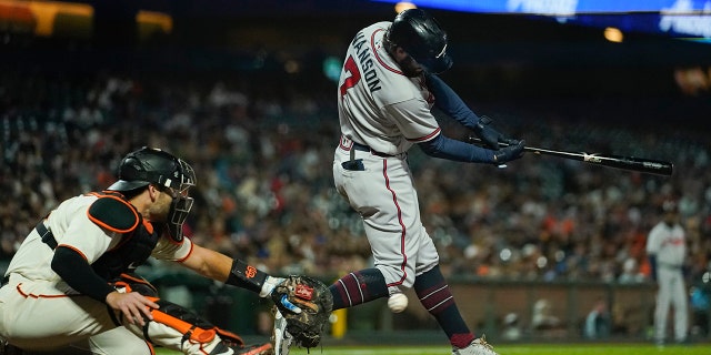 Atlanta Braves' Dansby Swanson, #7, strikes during the sixth inning of a baseball game against the San Francisco Giants on Monday, September 12, 2022 in San Francisco.