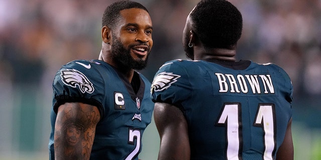 Darius Slay, #2, and A.J. Brown, #11 of the Philadelphia Eagles, celebrate after an interception by Slay during the fourth quarter against the Minnesota Vikings at Lincoln Financial Field on Sept. 19, 2022 in Philadelphia.