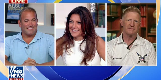 David Plotkin (left), 'Fox and Friends Weekend' co-host Rachel Campos-Duffy (middle) and lead lifeguard James Ryan discussed how lifesaving measures such as CPR can help blood flow in case of collapse.