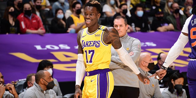 Dennis Schroder of the Los Angeles Lakers smiles during a game against the Phoenix Suns during Round 1, Game 3 of the 2021 NBA Playoffs May 27, 2021, at Staples Center in Los Angeles.