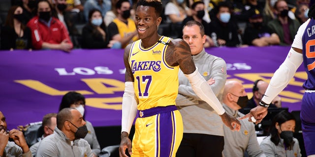 Dennis Schroder of the Los Angeles Lakers smiles during a game against the Phoenix Suns during Round 1, Game 3 of the 2021 NBA Playoffs May 27, 2021, at Staples Center in Los Angeles.