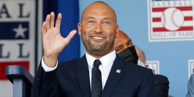 Derek Jeter is introduced during the Baseball Hall of Fame induction ceremony at Clark Sports Center on September 08, 2021, in Cooperstown, New York.