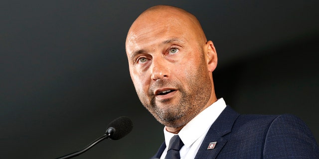 Derek Jeter gives his speech during the Baseball Hall of Fame induction ceremony at Clark Sports Center on September 08, 2021, in Cooperstown, New York.