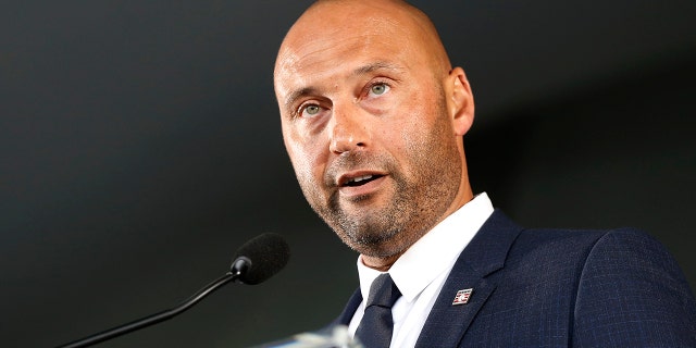 Derek Jeter delivers his speech during the Baseball Hall of Fame induction gala at Clark Sports Center on September 8, 2021, in Cooperstown, New York.