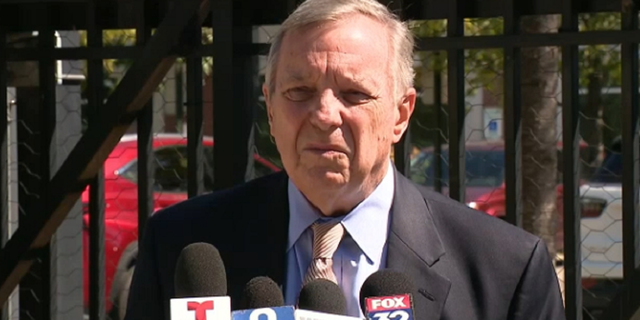 Illinois Sen. Dick Durbin speaks to reporters Friday, Sept. 9, after visiting a shelter where migrants who were bussed to the city are staying.