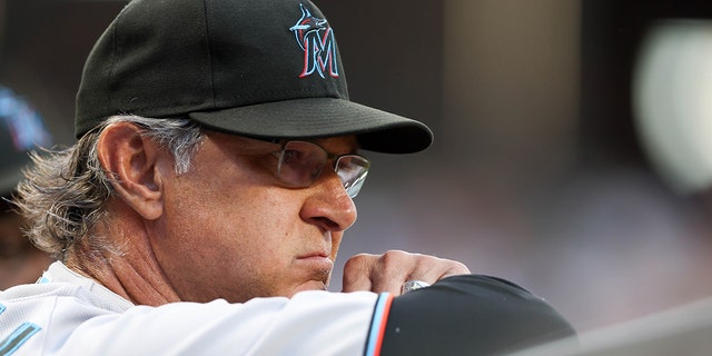 Manager Don Mattingly of the Miami Marlins watching the Mets game at Citi Field, July 7, 2022, in New York.