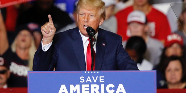 Former President Donald Trump speaks during a campaign rally in Youngstown, Ohio, Saturday, Sept. 17, 2022. (AP Photo/Tom E. Puskar)