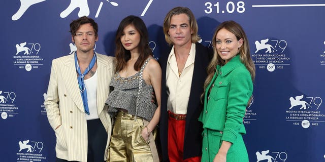 From left to right, Harry Styles, Gemma Chan, Chris Pine and director Olivia Wilde attend a photocall for "Don't Worry Darling" in Venice.