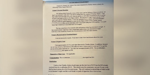 Kemper Durand's 2001 victim's impact statement after Cleotha Abston kidnapped him and gunpoint and forced him to withdraw cash from multiple ATMs.