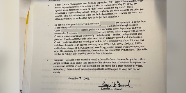 Kemper Durand's 2001 victim's shock statement after Cleosa Abston kidnapped him, held him at gunpoint and forced him to withdraw cash from multiple ATMs.