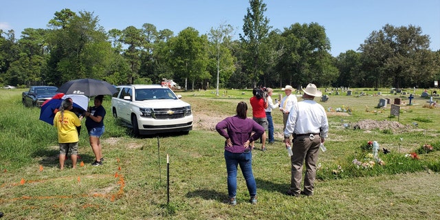 Texas EquuSearch was asked to assist the Harris County Sheriff's Office with ground-penetrating radar. The orange paint on the bottom left of the photograph shows the rough outline of an object investigators say may be a casket.