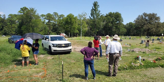 Texas EquuSearch was asked to assist the Harris County Sheriff's Office with ground-penetrating radar. The orange paint on the bottom left of the photograph shows the rough outline of an object investigators say may be a casket.