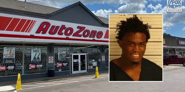 Exterior image shows the AutoZone where Ezekiel Kelly allegedly opened fire, with inset image showing Kelly's booking photo