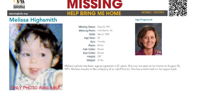 Melissa Highsmith went missing when she was 21 months old in 1971 from Fort Worth, Texas.