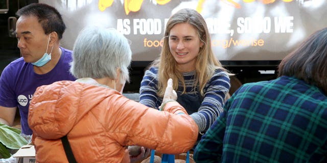 Lauren Bush Lauren, CEO and co-founder of FEED Projects (in striped shirt) on Friday, Sept. 23, 2022, as leaders of Feeding America, City Harvest and Food Bank for New York City shared comments about hunger in America at Urban Outreach Center in New York City.