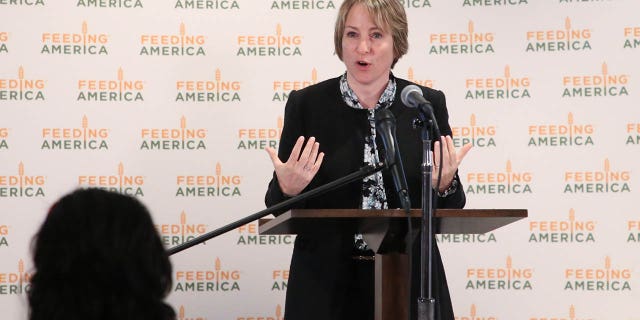 Leslie Gordon, CEO of Food Bank for NYC, speaks during a Hunger Action Day event at Urban Outreach Center on Sept. 23, 2022, in New York City.