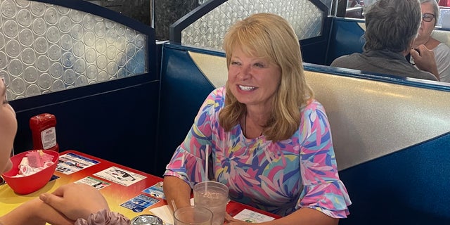 Republican U.S. House candidate Gail Huff Brown, who's running in New Hampshire's 1st Congressional District, speaks with voters at MaryAnn's Diner in Derry on Sept. 12, 2022.