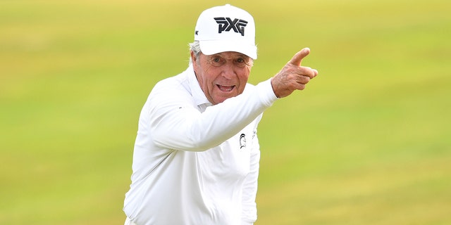 Gary Player gestures at the 3rd green prior to The Senior Open Presented by Rolex at The King's Course on July 19, 2022, in Gleneagles, United Kingdom.