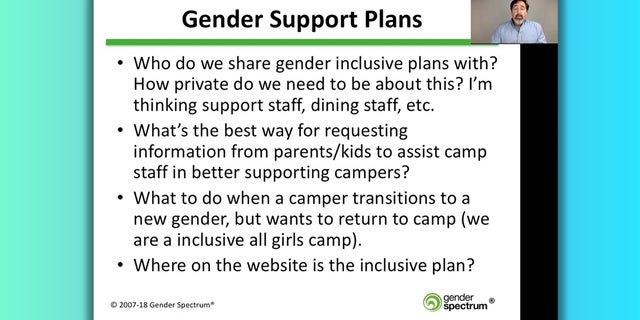Joel Baum presents professional developmet class on the "Gender Support Plans" for campers.