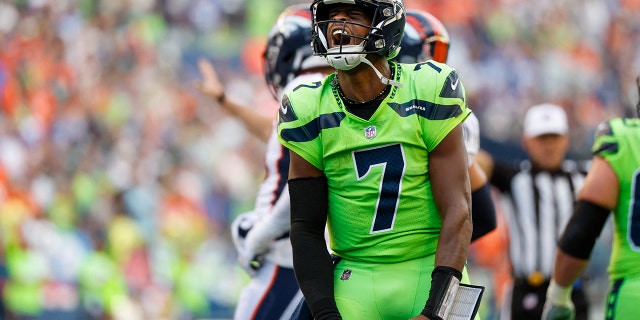 Seattle Seahawks quarterback Geno Smith, #7, reacts following a play against the Denver Broncos during the second quarter at Lumen Field in Seattle Sept. 12, 2022.