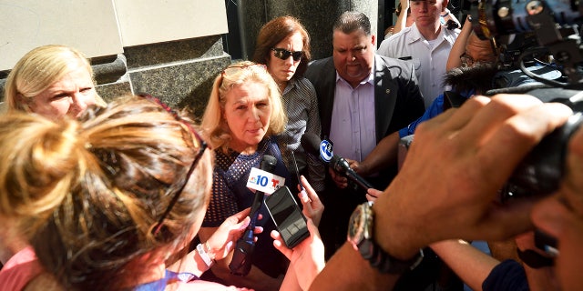 Maureen Faulkner, widow of slain police officer Daniel Faulkner, speaks to the press ahead of a hearing in the appeal revisitation case of Mumia Abu-Jamal at the Criminal Justice Center in Philadelphia on Aug. 30, 2018.
