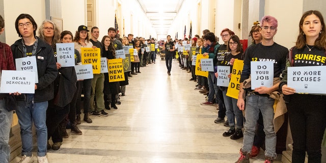 Protesters seen holding placards during the Sunrise Movement protest inside the office of Rep. Nancy Pelosi, D-Calif., to advocate that Democrats support the Green New Deal, at the Capitol in Washington, DC.
