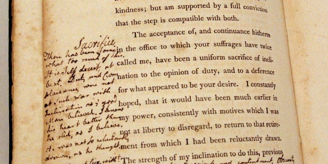 George Washington's farewell address to the nation is shown here, as annotated by John Adams. 