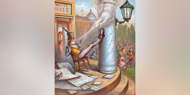 Illustration (by Thomas Nast) of Uncle Sam seated on the porch of the White House as he smokes a cigar while children play on the lawn, 1902. Spread out on the ground around him are various newspapers, books and magazines — while visible in the White House doorway is Columbia, an earlier U.S. personification.