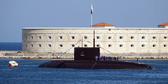 A submarine of the Russian Black Sea fleet anchors on July 27, 2019, in the port city of Sevastopol.