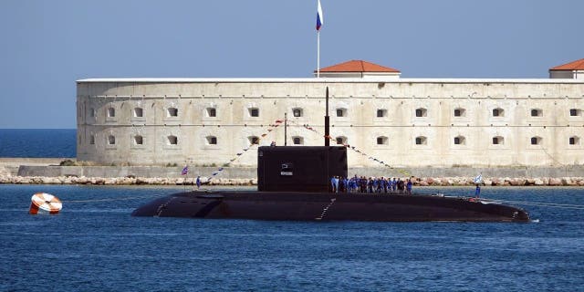 A submarine of the Russian Black Sea fleet anchors on July 27, 2019, in the port city of Sevastopol.