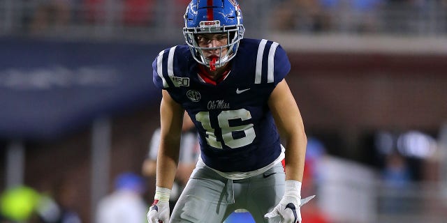 Luke Knox, #16 of the Mississippi Rebels, in action during a game against the Vanderbilt Commodores at Vaught-Hemingway Stadium on Oct. 5, 2019 in Oxford, Mississippi.