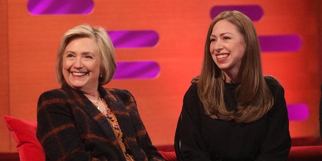 Hillary Rodham Clinton and daughter Chelsea Clinton during the filming for the Graham Norton Show at BBC Studioworks 6 Television Center in London. 