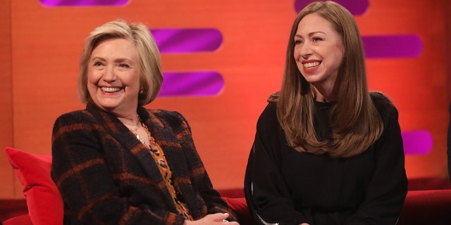 Hillary Rodham Clinton and daughter Chelsea Clinton during the filming for the Graham Norton Show at BBC Studioworks 6 Television Centre in London. 