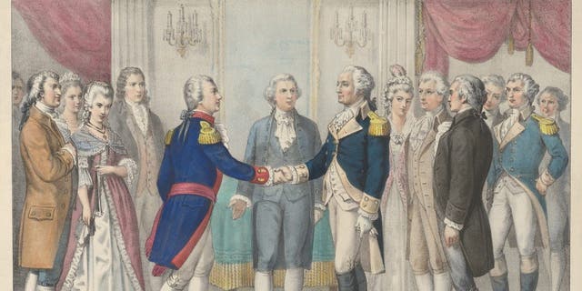 The first meeting of Washington and Lafayette in Philadelphia, August 3, 1777. Artist Nathaniel Currier, James Merritt Ives, Currier and Ives, 1876.