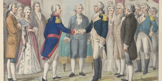 The first meeting of Washington and Lafayette in Philadelphia, August 3, 1777. Artist Nathaniel Currier, James Merritt Ives, Currier and Ives, 1876.