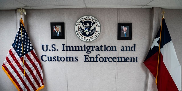 Portraits of then-President Donald J. Trump and Vice President Mike Pence are seen as U.S. Immigration and Customs Enforcement (ICE) and Enforcement and Removal Operations (ERO) hosts a media tour at the South Texas Family Residential Center on Friday, Aug 23, 2019 in Dilley, TX. 