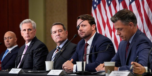 House Republicans, including those who served in the military, hold a meeting about the American military withdrawal in Afghanistan at the U.S. Capitol on Aug. 30, 2021 in Washington, DC.