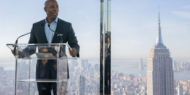 Mayor Eric Adams of New York City is shown speaking during the grand opening of the Summit One Vanderbilt observation deck on Thursday, Oct. 21, 2021. New York City's newest skyscraper cost an estimated $3.1 billion to build, less than NYC's annual spending on homelessness. 