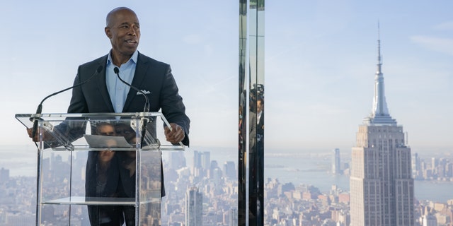 Mayor Eric Adams of New York City is shown speaking during the grand opening of the Summit One Vanderbilt observation deck on Thursday, Oct. 21, 2021. New York City's newest skyscraper cost an estimated $3.1 billion to build, less than NYC's annual spending on homelessness.
