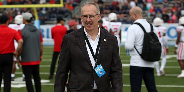 SEC Commissioner Greg Sankey on the field for pregame warmups at the TicketSmarter Birmingham Bowl between the Houston Cougars and the Auburn Tigers Dec. 28, 2021, at Protective Stadium in Birmingham, Ala.  