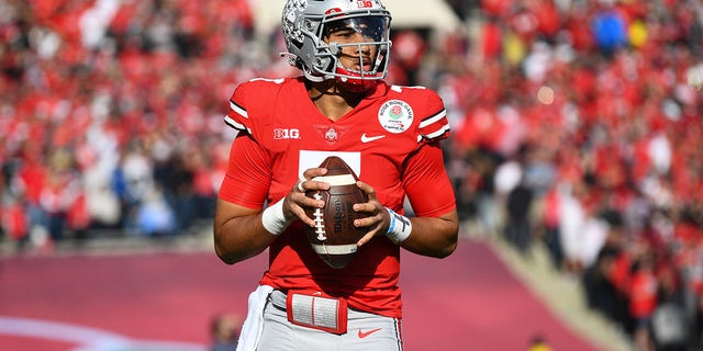 Ohio State quarterback C.J. Stroud warms up before the Rose Bowl game between the Buckeyes and the Utah Utes on Jan. 1, 2022 in Pasadena, California. 