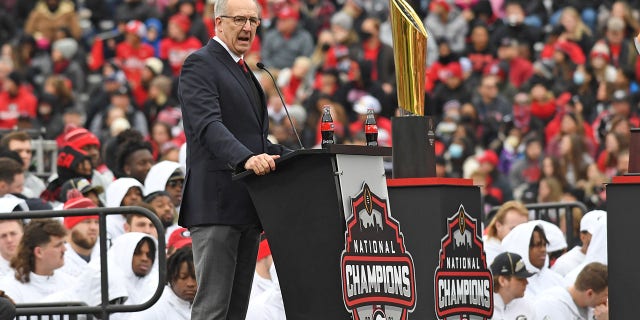 SEC Commissioner Greg Sankey speaks during the Georgia Bulldogs' national championship celebration Jan. 15, 2022, at Sanford Stadium in Athens, Ga.