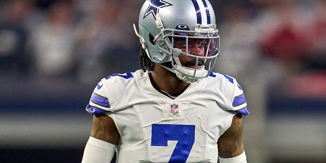 Dallas Cowboys cornerback Trevon Diggs, #7, looks on during the NFC Wild Card game between the San Francisco 49ers and the Dallas Cowboys on Jan. 16, 2022 at AT&T Stadium in Arlington, Texas. 