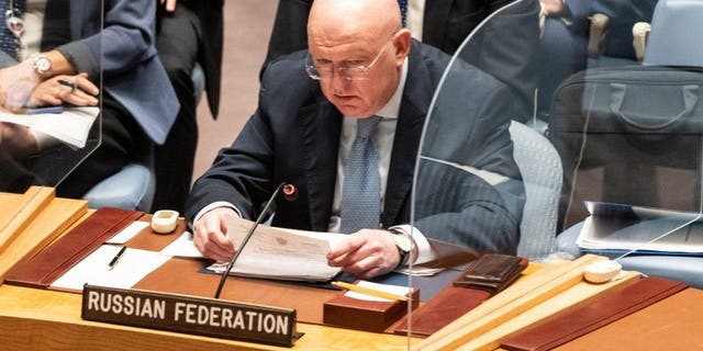 Ambassador Vassily Nebenzia of Russia speaks during a briefing to the Security Council by the Organization for Security and Cooperation in Europe at United Nations Headquarters. 