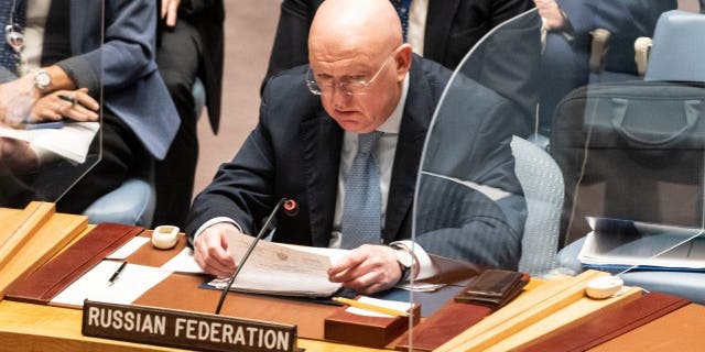 Ambassador Vassily Nebenzia of Russia speaks during Security Council briefing by Organization for Security and Cooperation in Europe at U.N. Headquarters. 