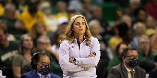 Baylor Bears head coach Nicki Collen watches from the sidelines during the first round of the 2022 NCAA Women's Basketball Tournament against the Hawai'i Rainbow Wahine, held at the Ferrell Center on March 18, 2022 in Waco, Texas. 