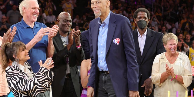 The Los Angeles Lakers celebrate NBA legend Kareem Abdul-Jabbar's 75th birthday on April 8, 2022, at Cryto.com Arena in Los Angeles.